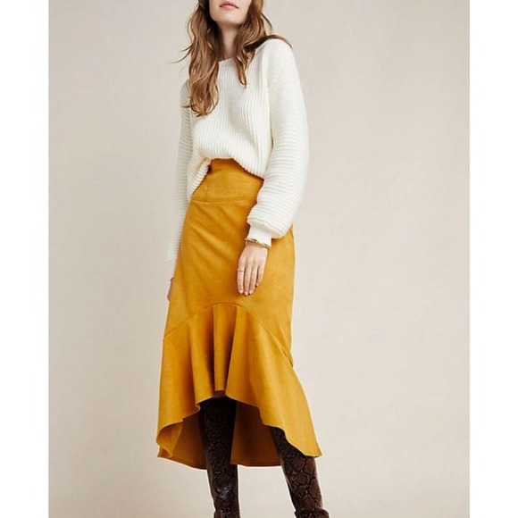 Anthropologie Maeve Orange Flounced Faux Suede Midi Skirt High-low Hem Size 6 - Picture 12 of 12